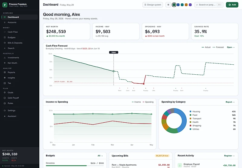 Finance Freedom — dashboard with net worth, cash flow, and budget pulse